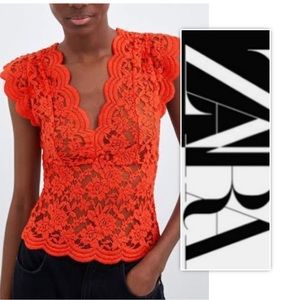Zara Blood Orange Stretch Lace Babydoll Top